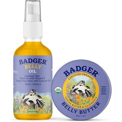 Badger Pregnant Belly Oil and Belly Butter, Rose & Vanilla, Certified Organic, Gentle & Soothing for Stretched Skin During & After Pregnancy