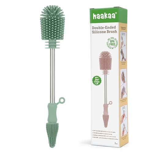 Haakaa Silicone Cleaning Brush for Baby Bottles and Crevices, Double-Ended Bottle Brush for Breast Pumps, Milk Collectors, Nipples and Breastmilk Storage Bags, Food-Grade Silicone, Pea Green, 1 Pack