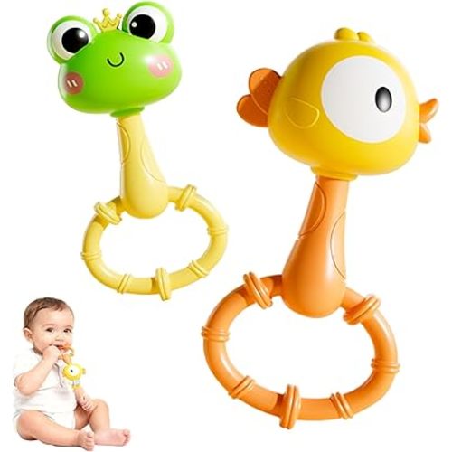 Baby Rattle Teething Toy – Silicone Frog & Chick Handheld Sand Hammer Rattles, BPA-Free, 2-Pack, Ideal for Infants 0-6 Months, Sensory Development Toy
