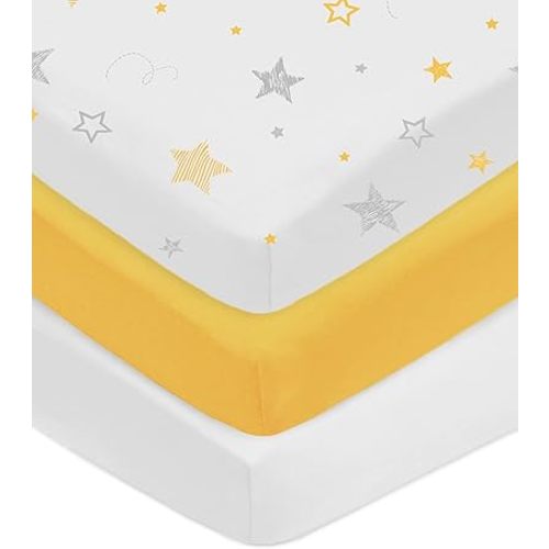 American Baby Company 3 Pack Fitted Crib Sheets 28" x 52", Soft Breathable Neutral 100% Cotton Jersey Sheet, Golden Yellow Star/Yellow/White, for Boys and Girls, Fits Crib and Toddler Bed mattresses