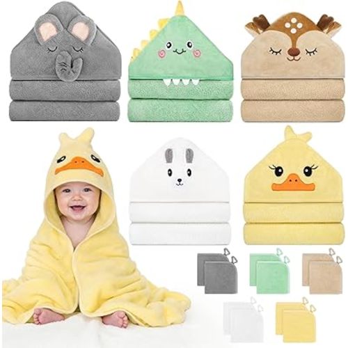 CandyHome 15 PCS Baby Bath Towels, 5 PCS Cute Animal Hooded Baby Towels & 10 PCS Washcloths Set for Infants Toddlers, Ultra Absorbent Soft Baby Bath Essentials Gifts for Boys & Girls
