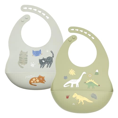 Baby Silicone Bibs 2 Sets Baby Bibs with Food Catcher for Girls Boys Toddlers BPA Free Waterproof Soft Durable