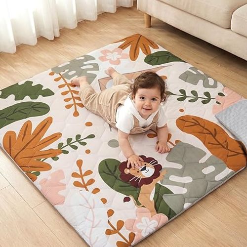 Baby Play Mat for Floor 50×50in, Quilted 1.6in Extra Thick Crawling Mat for Toddlers, Non-Slip Kids Play Mats for Playpen with Washable Removable Cover, Boho