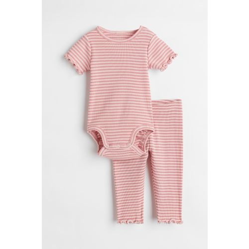 2-piece Rib-knit Set, Pink/striped