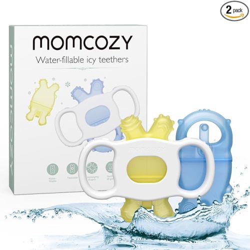 Momcozy Baby Teether Toys, Water Fillable Silicone Cold Teether, Baby Teething Toys Chill Teether, Baby Toys for Teething Relief 0-12 Months, Blue and Yellow 2 Pcs