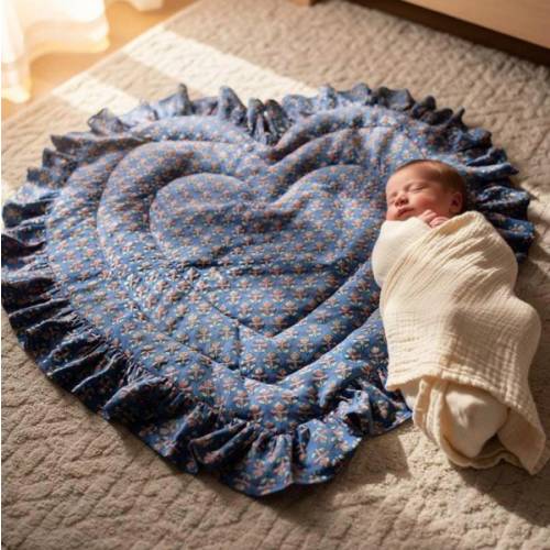 Heart Shaped Baby Play Mat, Vintage Blue Floral Ruffle, Padded Cotton