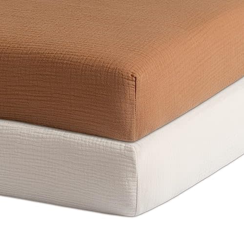 Meracorallo Muslin Fitted Crib Sheets, 2 Pack Soft Breathable Cotton Baby Crib Sheet, Neutral Crib Sheet for Baby Boys and Girls, Fits Standard Crib Mattress 28''x52'' (Camel & Fog)