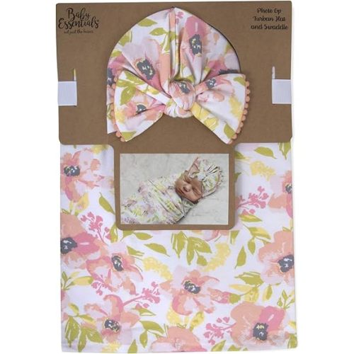 Baby Cotton Swaddle Blanket Wrap with Headband or Hat Set for Baby Girls, Boys Newborns and Infants 0-6 Months (Summer Flowers)