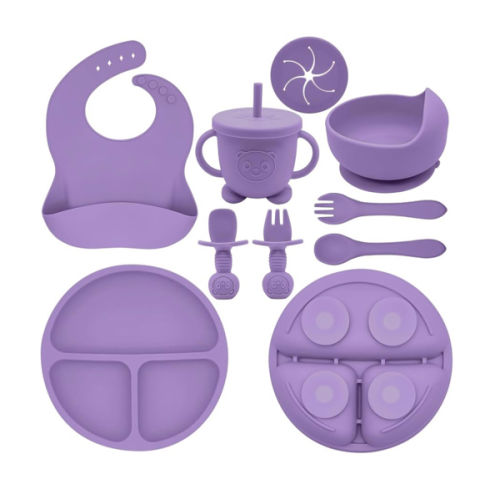 Silicone Baby Feeding Set | Baby Led Weaning Supplies Includes Suction Bowls and Divided Plates, Adjustable Bib, Baby Utensils Spoons and Forks,Cup | Baby Feeding Essentials (Purple)
