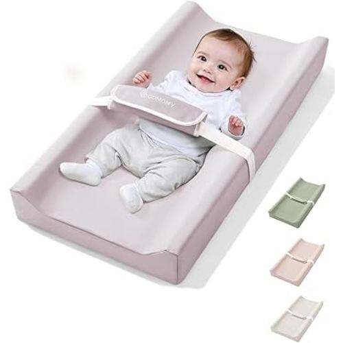 COMOMY Baby Changing Pad with Wipeable & Waterproof PU Cover, Contoured Diaper Changing Pad for Dresser with Non-Slip Safety Belt, Portable and Lightweight, Large Cushioned Foam, Lavender