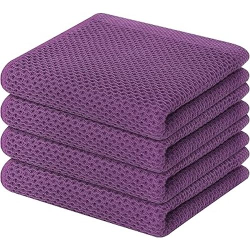 Homaxy 100% Cotton Waffle Weave Kitchen Dish Towels, Ultra Soft Absorbent Quick Drying Cleaning Towel, 13 x 28 Inches, 4-Pack, Purple