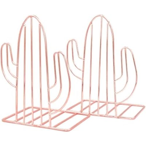Winterworm Metal Bookends Book Ends Heavy Duty Modern Decorative for Bedroom Library Office School Book Display Desktop Organizer Gift (Cactus Rose Gold)