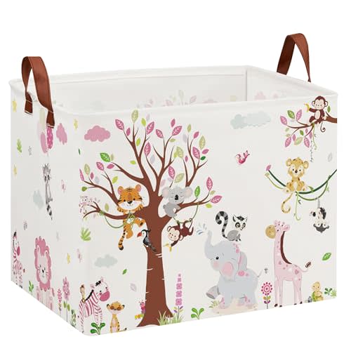 Jungle Theme Baby Girl Baskets for Baby Shower,Freestanding Safari Nursery Decor Laundry Hamper,Stackable and Collapsible Kids Animal Toy Storage Bin,Pink Basket for Gifts (Upgraded Metal Frames)