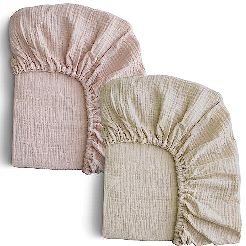 COSMOPLUS-Muslin-Crib-Sheets-for-Girls-Boys-Neutral-Baby,2 Pack Boho Crib Matress Sheet,Fitted Crib Sheet for Standard Crib Mattress & Toddler Bed Mattress,Organic Cotton,Faded Pink&Light Grey