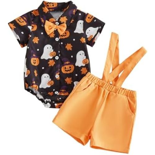 Baby Boy Halloween Outfit Ghost Pumpkin Button Down Shirt Romper Suspender Shorts Set Clothes Infant 2 Piece Clothes