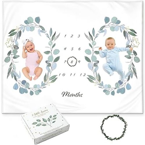 Twins Baby Monthly Milestone Blanket – Soft Fleece Month Blanket – Eucalyptus Leaves Design – Gender Neutral for Twin Boys or Girls, Baby Shower Nursery Decor, Twin Baby Essentials, 60x40