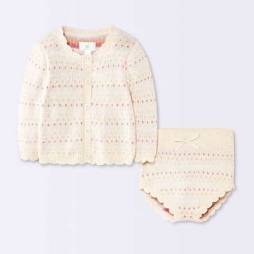 Baby Girls' 2pc Birdseye Pointelle Sweater Cardigan and Bloomer Set - Cloud Island™ Cream 0-3M