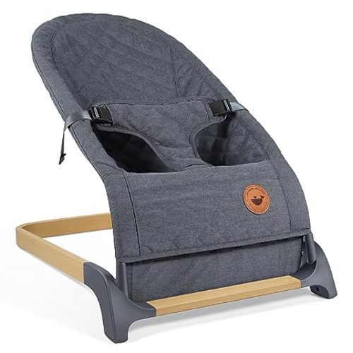 ANGELBLISS Baby Bouncer, Portable Bouncer Seat for Babies, Infants Bouncy Seat with Wood Grain Base, Natural Vibrations (Grey)