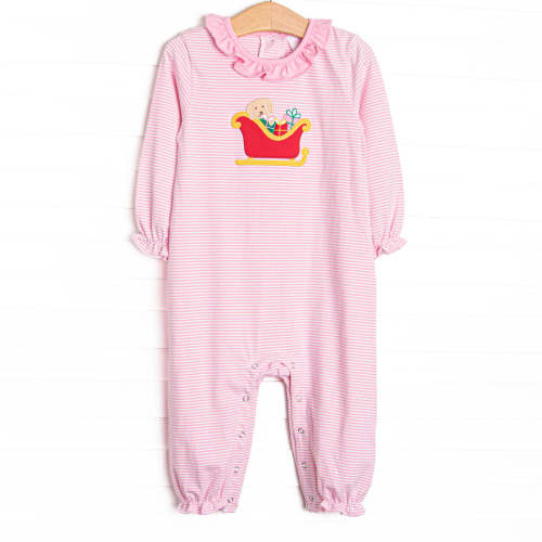 Sleigh Ride Sidekick Applique Ruffle Romper, Pink Stripe – Stitchy Fish