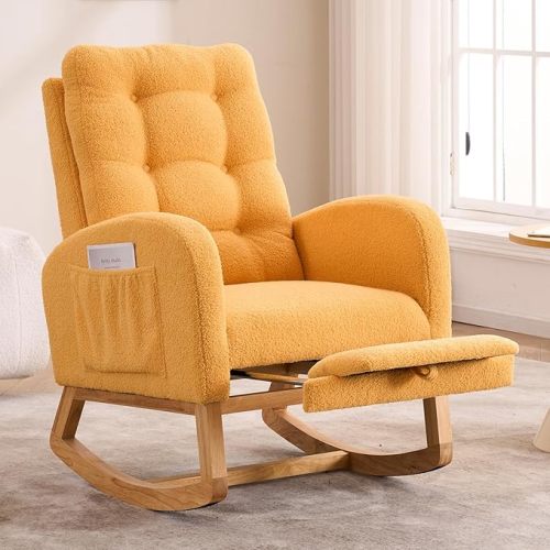 NIOIIKIT Nursery Rocking Chair, Linen Upholstered Glider Chair with Footrest, Tufted Rocker Recliner with Side Pocket, Comfy Recliner Glider, Accent Chair for Living Room (Yellow Teddy)