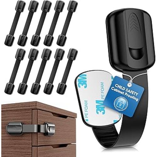 10 Pack Cabinet Locks Baby Proofing, SOGUDE Child Proof Cabinet Locks with 3M Adhesive Child Safety Locks for Refrigerator, Doors, Drawer Locks No Drilling, Cabinet Locks for Babies- Black