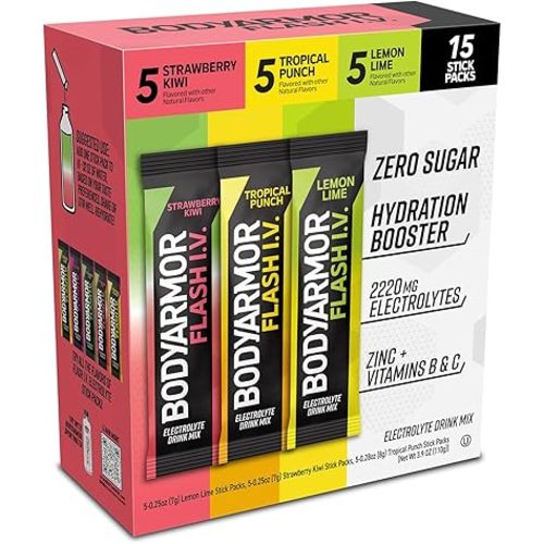 BODYARMOR Flash IV Electrolyte Packets, Strawberry Kiwi, Lemon Lime, & Tropical Punch Variety Pack - Zero Sugar Drink Mix, Single Serve Packs, Coconut Water Powder (15 Count)