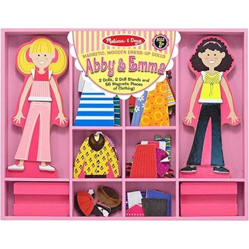 Melissa & Doug Abby and Emma Magnetic Wooden Dress-Up Dolls Play Set (55+ Pieces), Magnetic Dolls, Pretend Play & Preschool Toys for Kids 3+