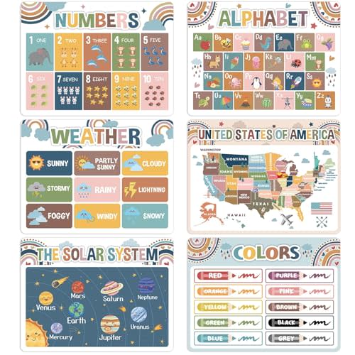 Educational Preschool Kids Placemats Set of 6 Boho Plastic Table Mats Toddler Children Montessori Place Mats for Kids Washable Holiday Desk Decoration for Indoor Outdoor Party Kitchen Dining Table