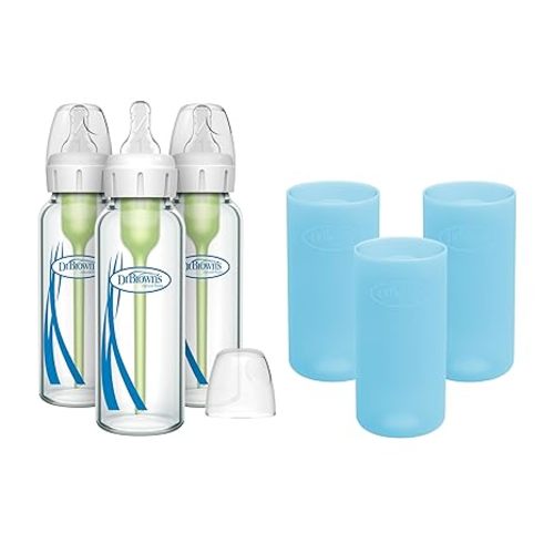 Dr. Brown's Anti-Colic Options+ Narrow Glass Baby Bottles 8 oz/250 mL, with Level 1 Slow Flow Nipple, 3 Pack 0m+ with Blue 100% Silicone Sleeves, BPA-Free