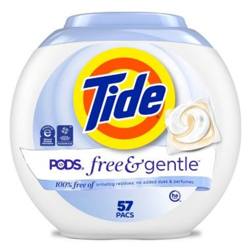 Tide Free & Gentle HE Laundry Detergent Pods 57 Pacs - 42oz: Hypoallergenic, Dye-Free, Child-Resistant Packaging, Dermatologist Tested