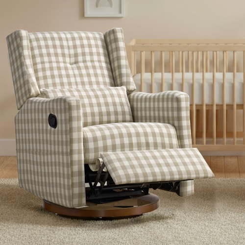 Spruce & Spring Manual Swivel Glider Recliner with Storage Pocket, Beige Gingham