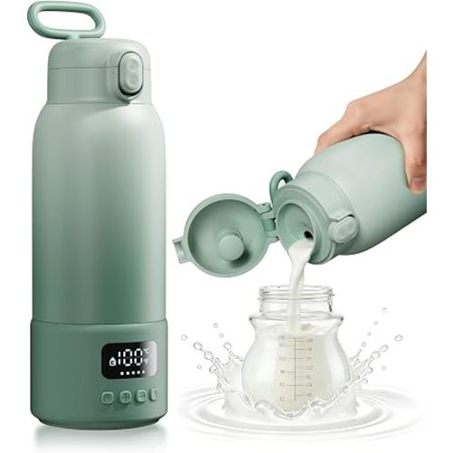 Portable Bottle Warmer for Travel, Baby Milk Warmer with Fast Heating & Long Battery Life, 17Oz Large Capacity 316L Stainless Steel, Keep Warm Function, Green