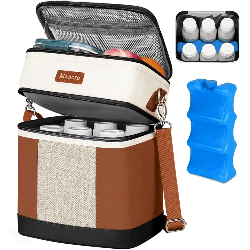 Mancro Breast milk Cooler Travel Bag Fits 6 Bottles Up to 9 Ounces，Double Layer Baby Bottle Cooler Bag with Ice Pack，Insulated Baby Bottle Bags for Daycare & Nursing Moms,Black and Brown