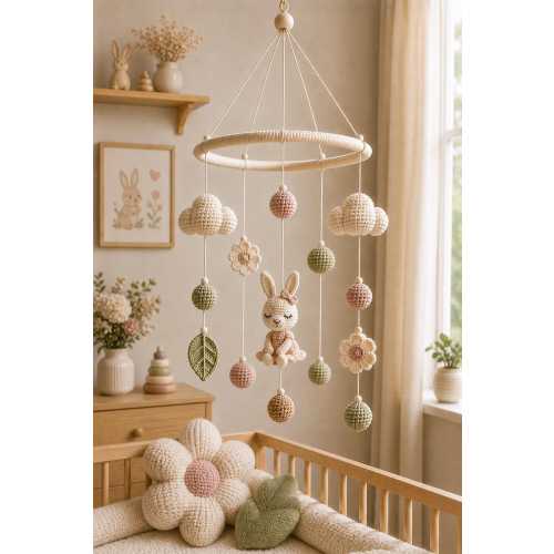 Bunny Baby Mobile, Rabbit Crib Mobile, Crochet Nursery Mobile, Floral Baby Mobile, Girl Nursery Decor, Baby Shower Gift