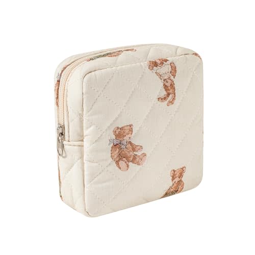 Small Quilted Cotton Makeup Bag for Purse, Cosmetic Bag with Compartments, Cotton Aesthetic Makeup Bag, Travel Toiletry Pouch, Key Pocket Lipstick Bag Card Holder Data Cable Organizer(01White Bear)