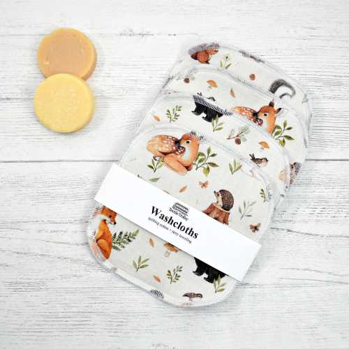 Woodland Animal Washcloths: Reusable Cotton Baby Wipes, Set of 4