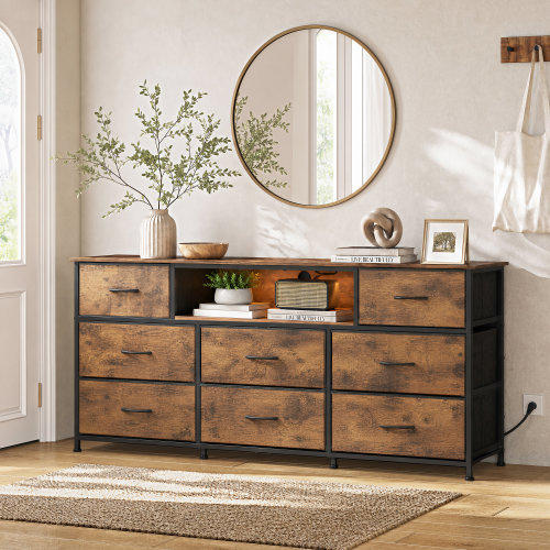 17 Stories Modern 8‑Drawer Dresser TV Stand with LED Light & Charging Station, 57.87'' W Media Console Fits 85'' TV, Large Capacity Storage Chest with Sturdy Steel Frame for Bedroom Living Room | Wayfair