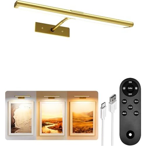 EZVALO Picture Light for Wall, 4800mAh Rechargeable Wireless Remote, 13'' Dimmable Magnetic LED Art Display Light with 3 Color Temperatures, for Gallery, Living Room, Bedroom, Hallway (Gold)
