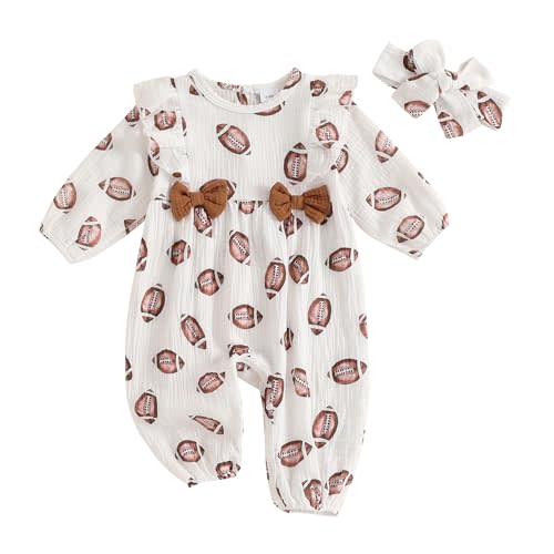 Newborn Baby Girl Football Outfit Rugby Print Ruffle Jumpsuit Puff Sleeve Linen Romper Headband Fall Clothes 0-12M