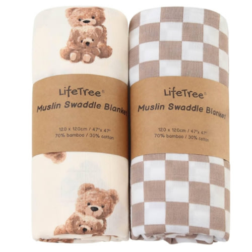 LifeTree Muslin Swaddle Blankets, Baby Swaddling Wrap Nursery Blanket Unisex, Soft 70% Viscose from Bamboo and 30% Cotton, Large 47 x 47 inches, Bear & Checkered Swaddle Blanket