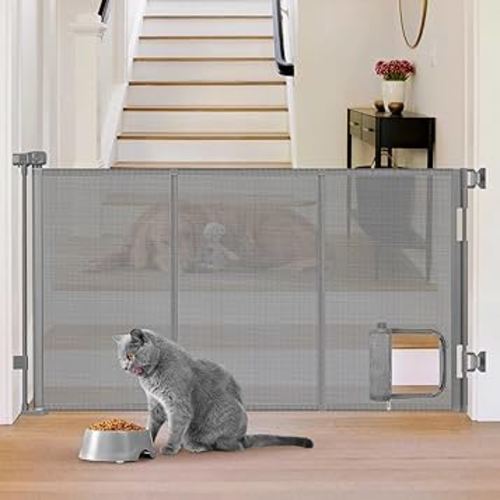 Reinforced 60” Wide Retractable Dog Gate with Cat Door Gates for Pets with Reinforced Strips 33” Tall Mesh Baby Gate Retractable Pet Gates for Dogs Indoor with Door Cats Can in and Out Freely, Gray