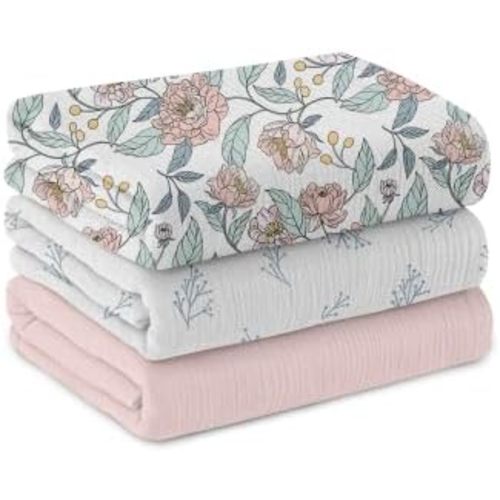 Muslin Swaddle Blankets for Newborn, 3 Pack Breathable Soft Receiving Blanket, Large 38 x 40 inches Swaddle Wrap Burping Clothes, Essentials Infant Shower Items, Toddler Gift (Cute Flower, 3 Pack)