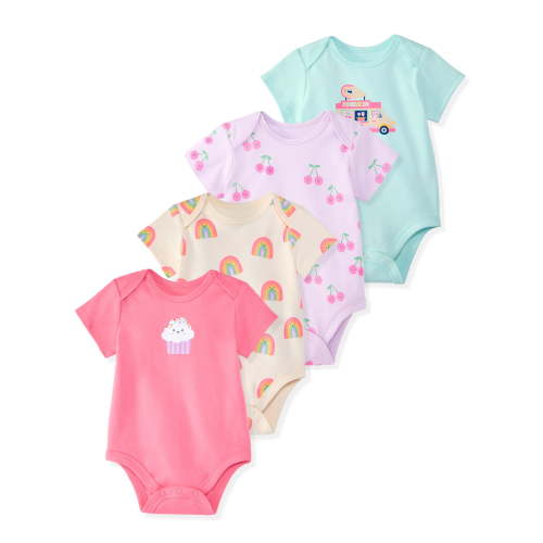 Garanimals Baby Girl Cotton Lap-Shoulder Short-Sleeve Bodysuits, 4-Pack, 0–24M