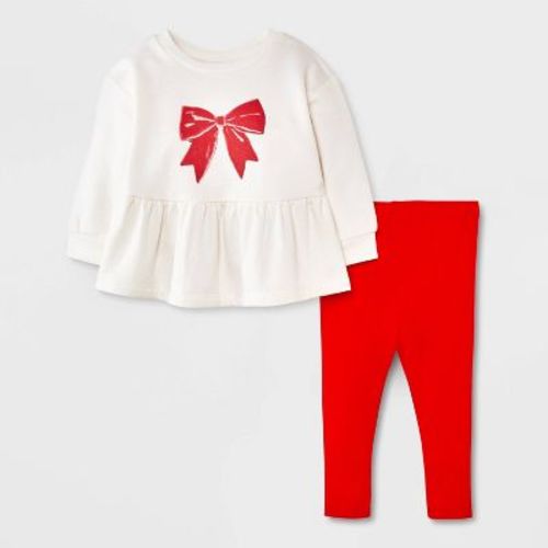 Baby Girls' 2pc Holiday Bow Fleece Sweatshirt and Gingham Leggings Set - Cat & Jack™ Cream