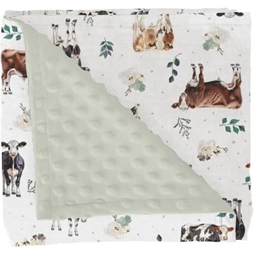 Watercolor Cows Green Leaves Baby Blankets for Girl Boy Cow Yak Cattle Farm Animal Soft Mink Dotted Backing Double Layer Swaddle Blanket Farmhouse Farmyard Bed Throws for Infant Toddler Nursery 30x40