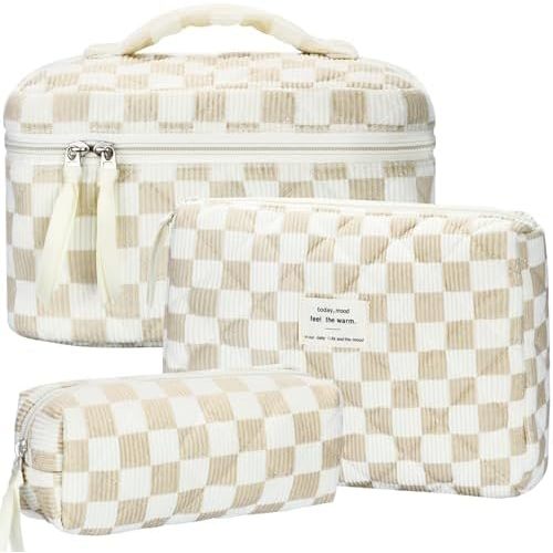Quilted Makeup Bag Set, 3Pcs Large Checkered Corduroy Cosmetic Bags, Cute Coquette Makeup Bag Toiletry Zipper Pouch Bag for Women and Girls Checkered