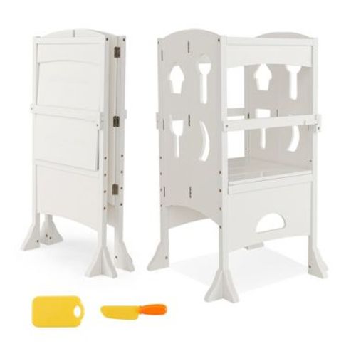 Costway Folding Kitchen Kids Step Ladder Stool Wooden Toddler Safety Tower Helper White