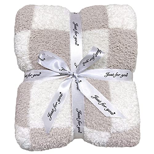 Ultra Soft Checkered Blanket Cream Cozy Buffalo Check Throw Fluffy Knitted Reversible Throw Blanket Lightweight Fleece Checkerboard Grid Blanket for Sofa Couch Bed Travel, Taupe/White, 51''x63''