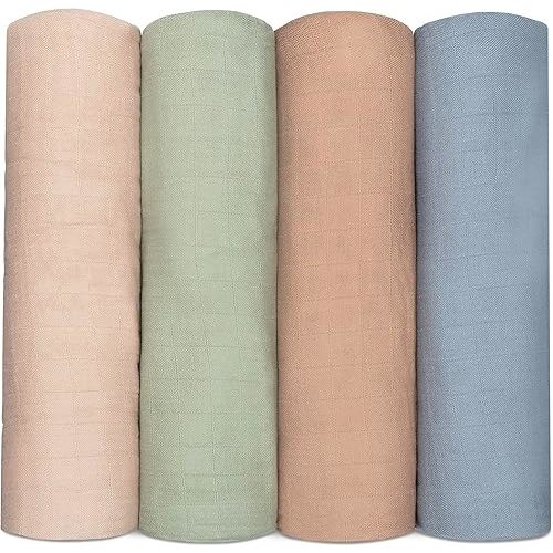 Comfy Cubs Muslin Swaddle Blankets Pack of 4, 47 x 47 Inches, Soft Cotton Baby Blanket Set, Large Multipurpose Swaddling Wraps for Newborns - Self-Soothing Swaddle - Pacific, Cedar, Sage, Blush