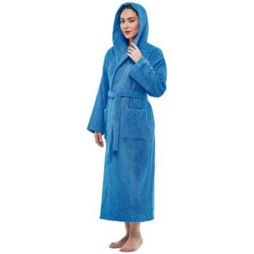 Arus Women's Turkish Cotton Hooded Robe, Absorbent Terry Cloth Bathrobe with Hood , Azure , Large/X Large